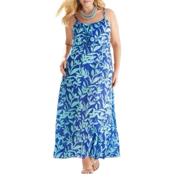 Lane Bryant Blue Floral Ruffle Maxi Dress 18/20 Plus Size Adjustable Straps Boho - Picture 1 of 8